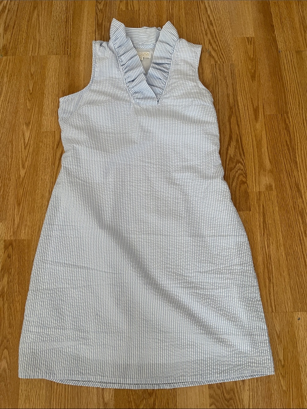 Mud Pie Blue and White Striped Ruffled V-Neck Mini Dress